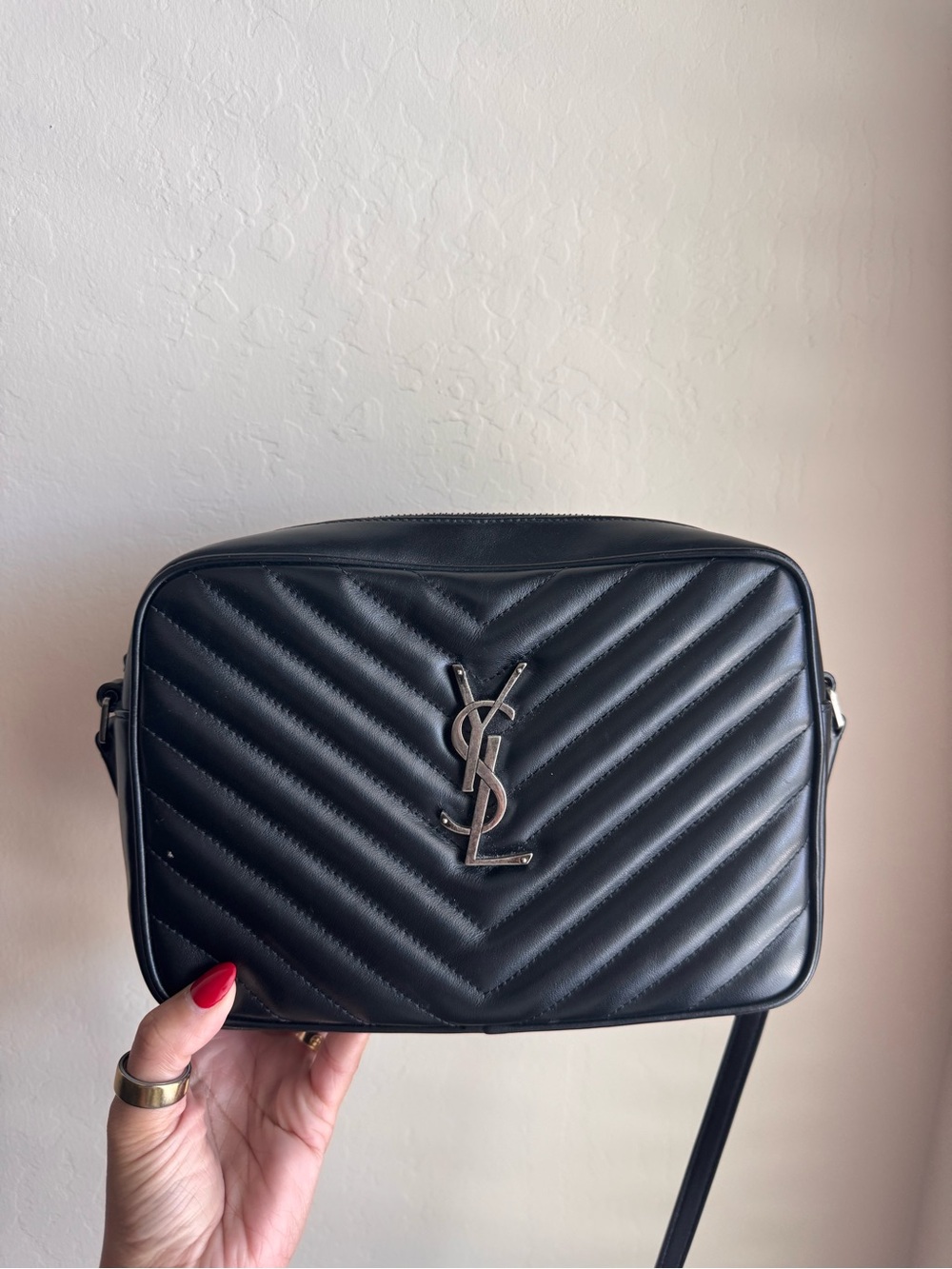 Authentic Saint Laurent Camera leather Bag Black Silver Hardware